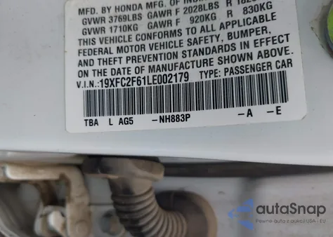 2020 Honda Civic Lx из США, поврежденный, VIN 19XFC2F61LE002179